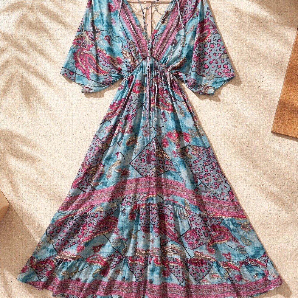 White Waves Maxi Dress Womens L Blue Pink Paisley Boho V-Neck Tie Back - Picture 3 of 5